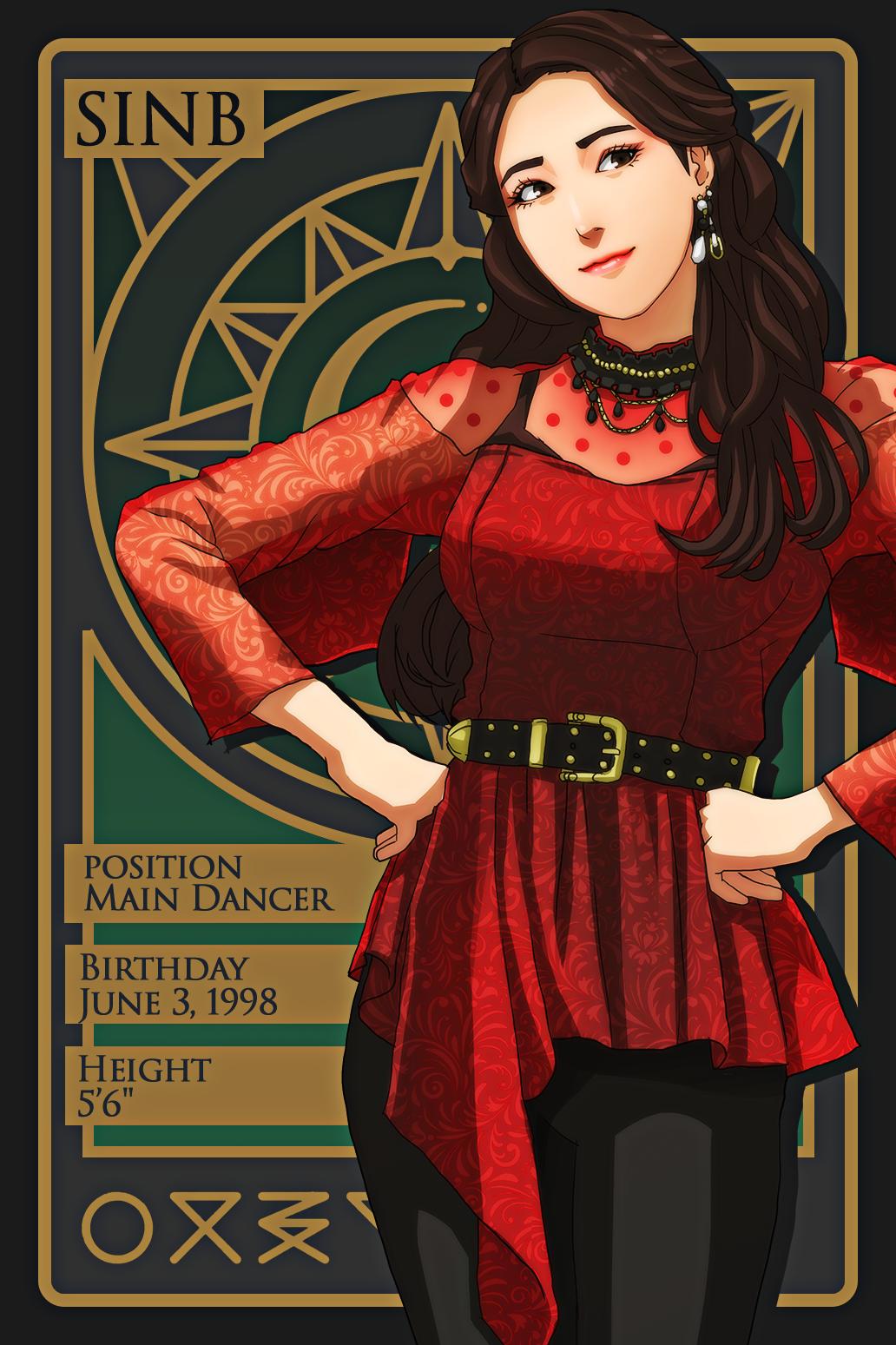 1girl, artist_name_(singer), belt, black_pants, brown_hair, closed_mouth, commentary, cowboy_shot, earrings, eyeshadow, gfriend, hands_on_own_hips, highres, jewelry, k-pop, long_hair, looking_to_the_side, makeup, mascara, pants, real_life, red_eyeshadow, renzengeki, sinb_(gfriend), smile, solo