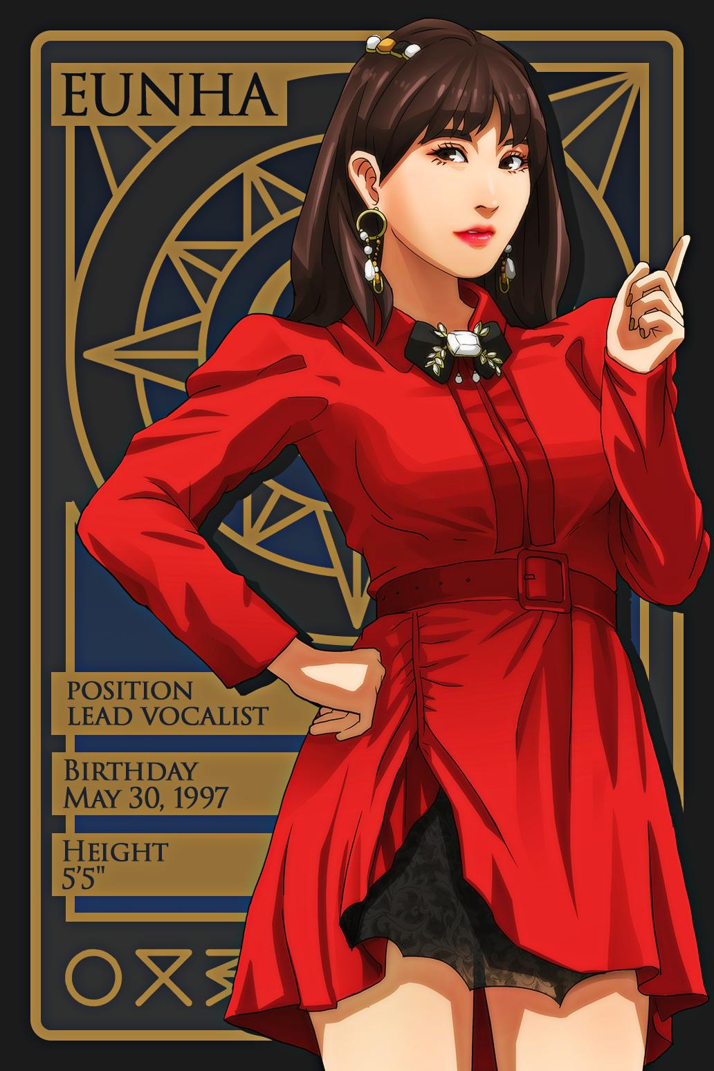 1girl, artist_name_(singer), blunt_bangs, brown_hair, commentary, cowboy_shot, earrings, eunha_(gfriend)