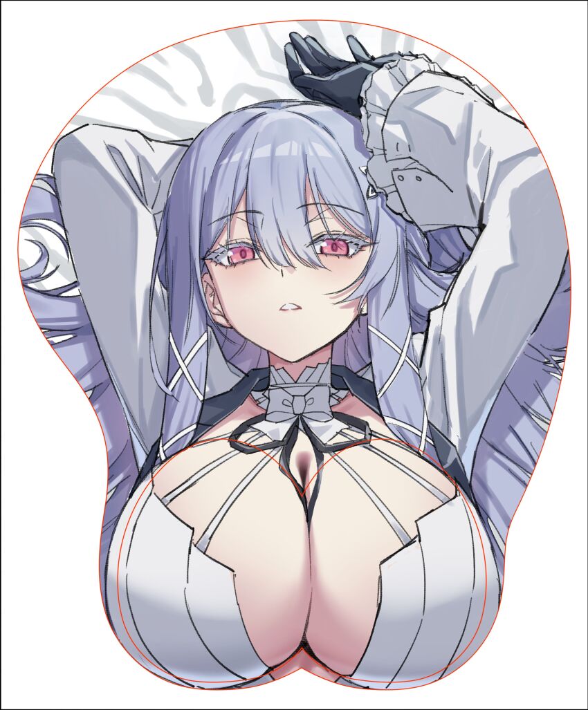 1girl, absurdres, arm_behind_head, arms_up, blacha_(dkskek157), black_gloves, black_ribbon, bow