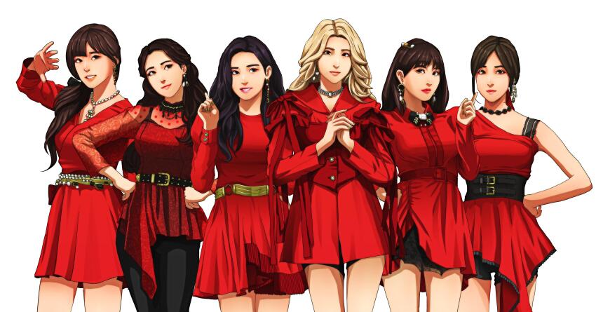 6+girls, absurdres, belt, black_hair, black_pants, black_shorts, blonde_hair, blunt_bangs