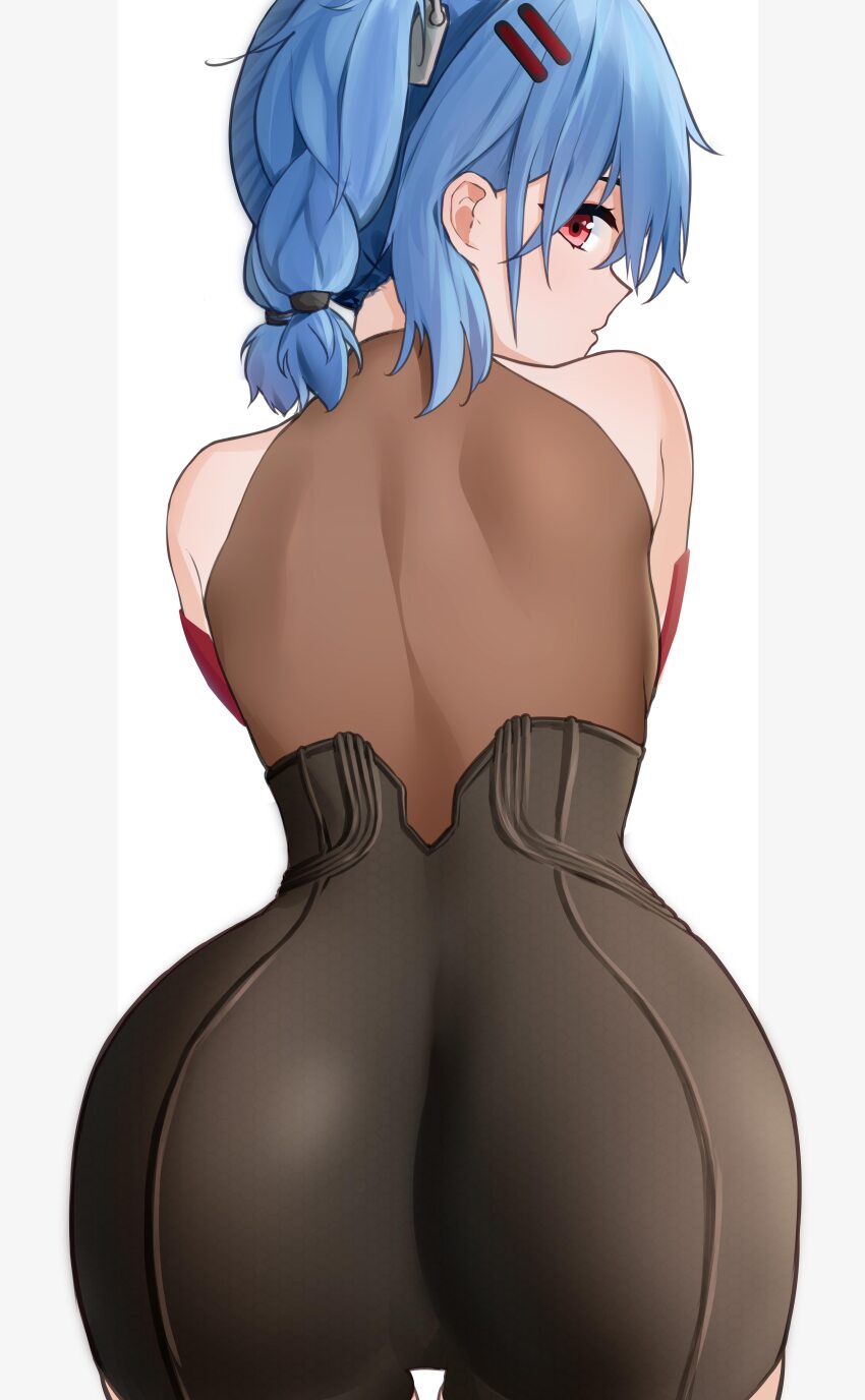 1girl, absurdres, ass, ass_focus, back, bare_shoulders, black_unitard, blue_hair