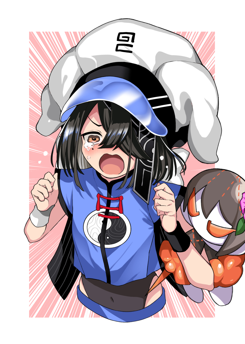 1girl, absurdres, black_hair, brown_eyes, character_doll, commentary_request, covered_navel, cropped_torso