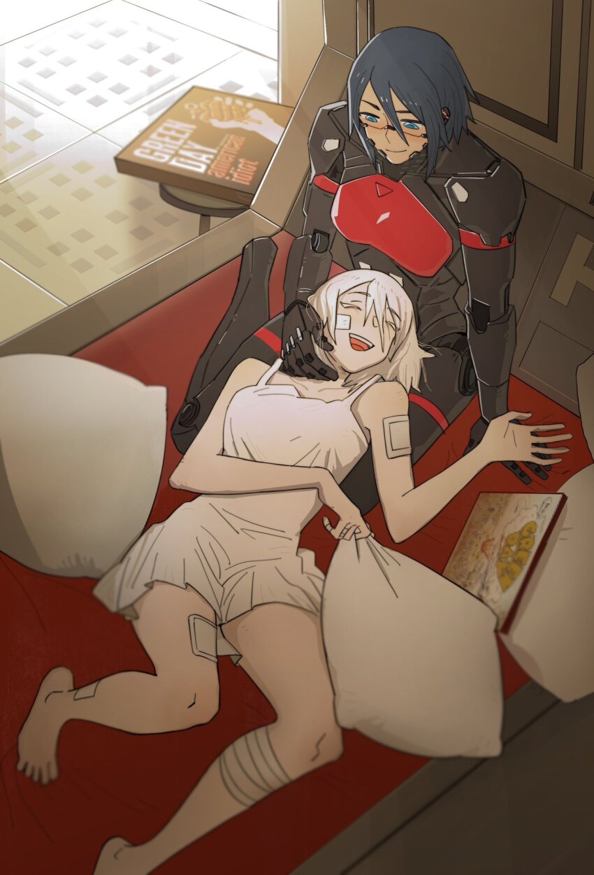 2girls, american_idiot, android, ariane_yeong, bandage_on_face, bandage_on_leg, bandages, barefoot