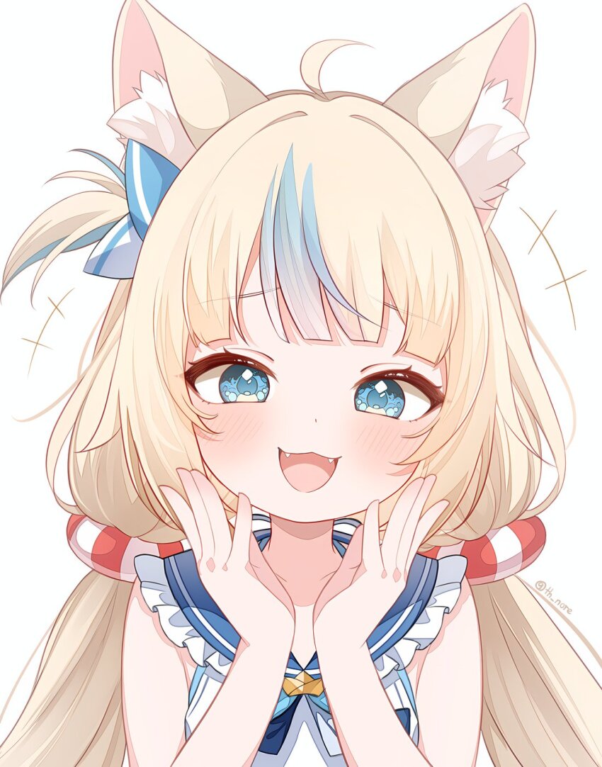 1girl, :3, :d, ahoge, animal_ear_fluff, animal_ears, bare_arms, blonde_hair
