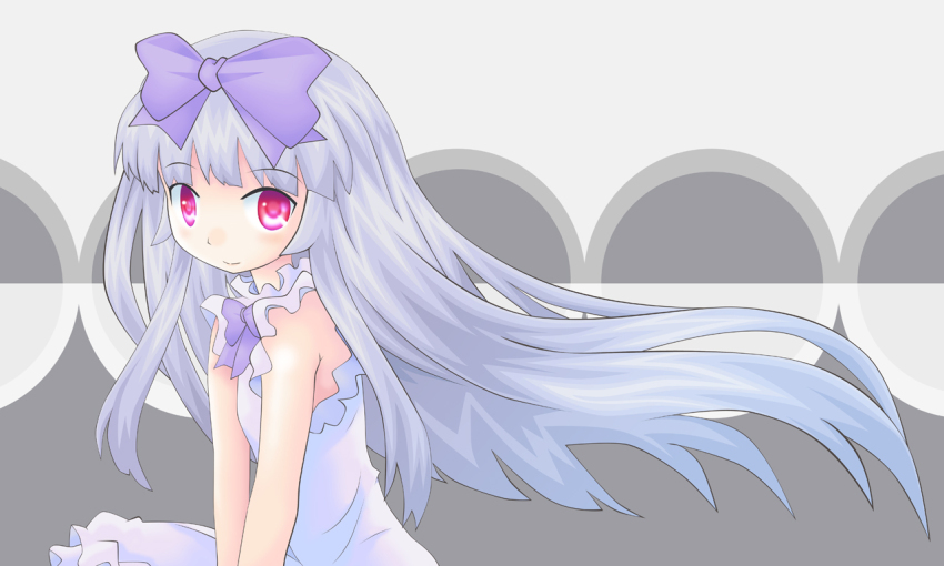 1girl, 3.1-tan, blush, bow, bowtie, child, commentary_request, dress, grey_hair, hair_bow, hime_cut, long_hair, looking_at_viewer, os-tan, personification, purple_bow, purple_bowtie, red_eyes, sato_(esuplusesu), smile, solo, upper_body, very_long_hair, white_dress