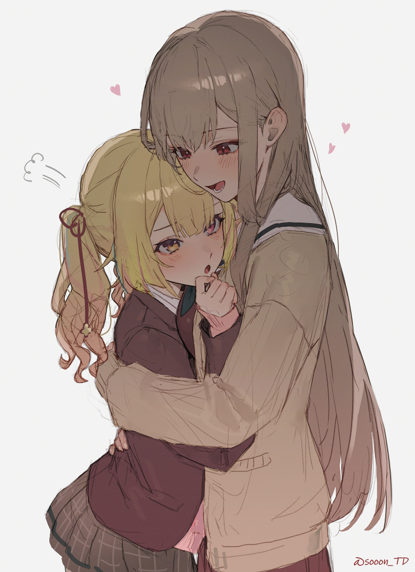 2girls, absurdres, blonde_hair, blush, brown_cardigan, brown_hair, brown_skirt, cardigan