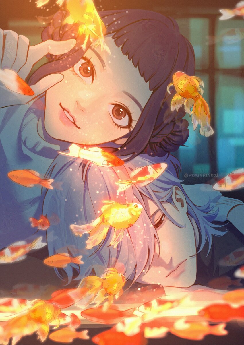 1boy, 1girl, absurdres, arm_around_shoulder, artist_name, black_hair, black_shirt, blurry