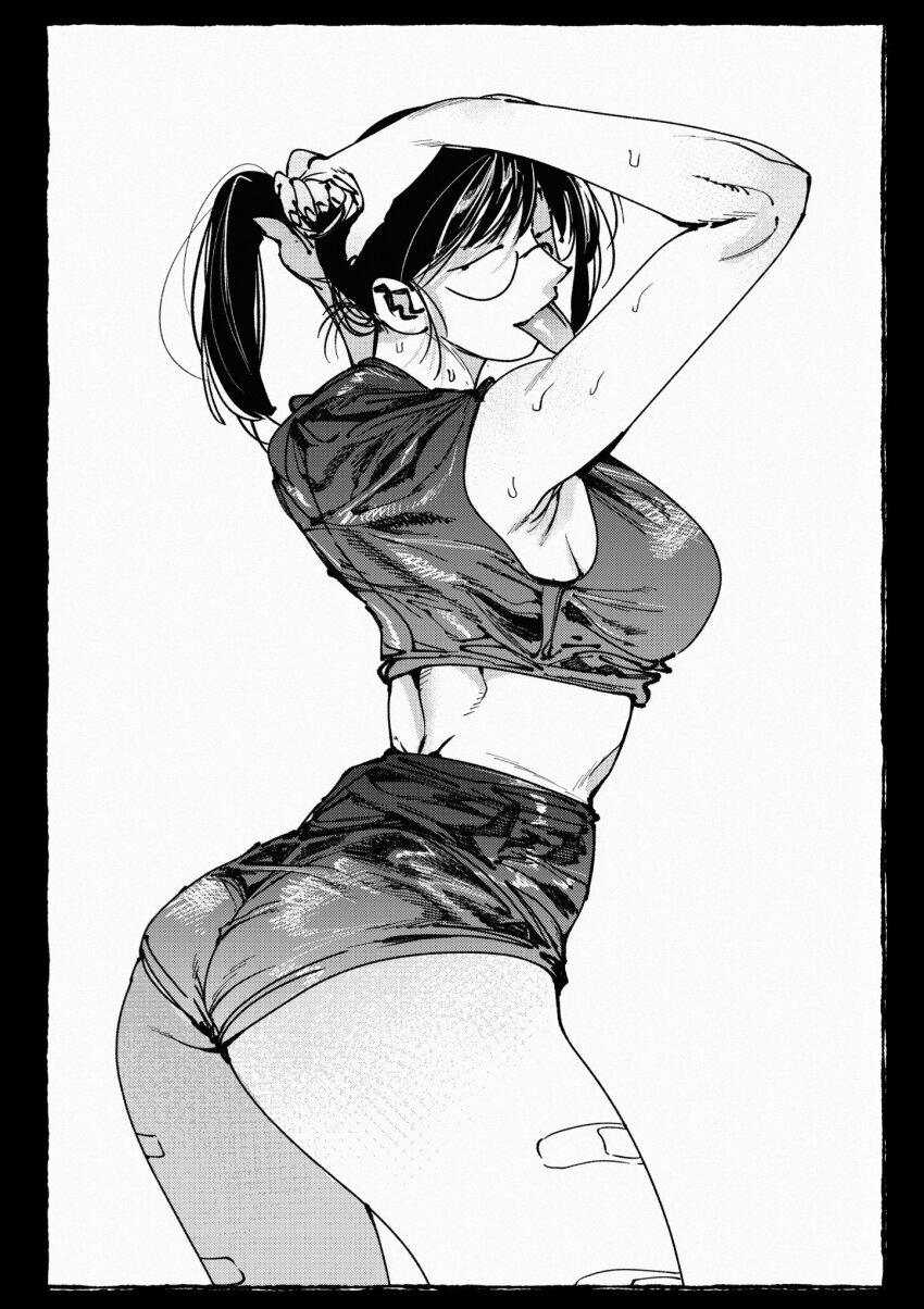 1girl, :p, adjusting_hair, arms_behind_head, arms_up, ass, bandaid_on_thigh, black_border, border, crop_top, from_behind, greyscale, hachinuki_tessei, hand_in_own_hair, hands_in_own_hair, highres, holding, holding_own_hair, jimiko, jitome, long_tongue, looking_at_viewer, looking_back, micro_shorts, midriff, mob_face, moire, monochrome, nape, original, ponytail, round_eyewear, she_(hachinuki_tetsuyo), shorts, simple_background, sleeveless, solo, sweat, tank_top, thighs, tongue, tongue_out, tying_hair, white_background