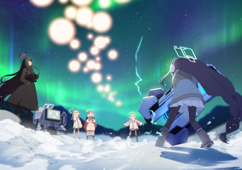 5girls, animal_ear_headphones, animal_ears, aris_(blue_archive), aris_(winter)_(blue_archive), aurora, black_boots, black_coat