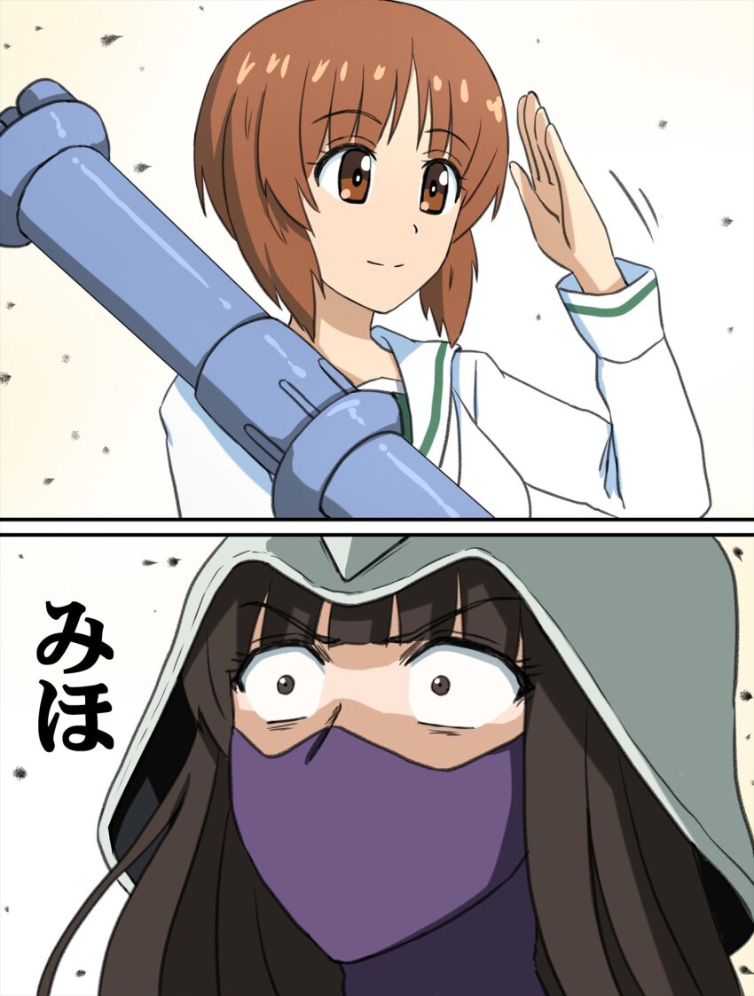 2girls, bazooka_(gundam), brown_eyes, brown_hair, closed_mouth, cosplay, girls_und_panzer, gundam, helmet, highres, kycilia_zabi, kycilia_zabi_(cosplay), mask, mature_female, mobile_suit_gundam, mother_and_child, mother_and_daughter, mouth_mask, multiple_girls, nishizumi_miho, nishizumi_shiho, omachi_(slabco), ooarai_school_uniform, parent_and_child, parody, salute, scene_reference, school_uniform, short_hair, smile, translated, white_helmet