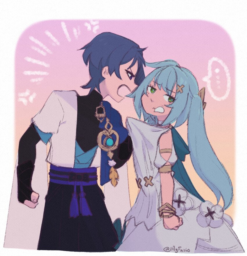 ..., 1boy, 1girl, agfavio, annoyed, aqua_cape, aqua_hair, arguing