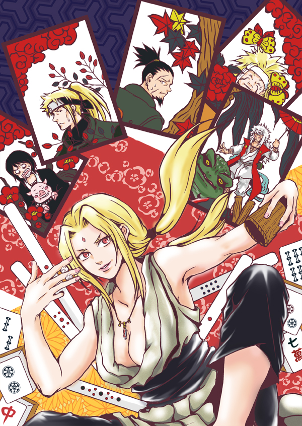 2girls, 4boys, akimichi_chouza, black_hair, black_kimono, blonde_hair, blush, blush_stickers