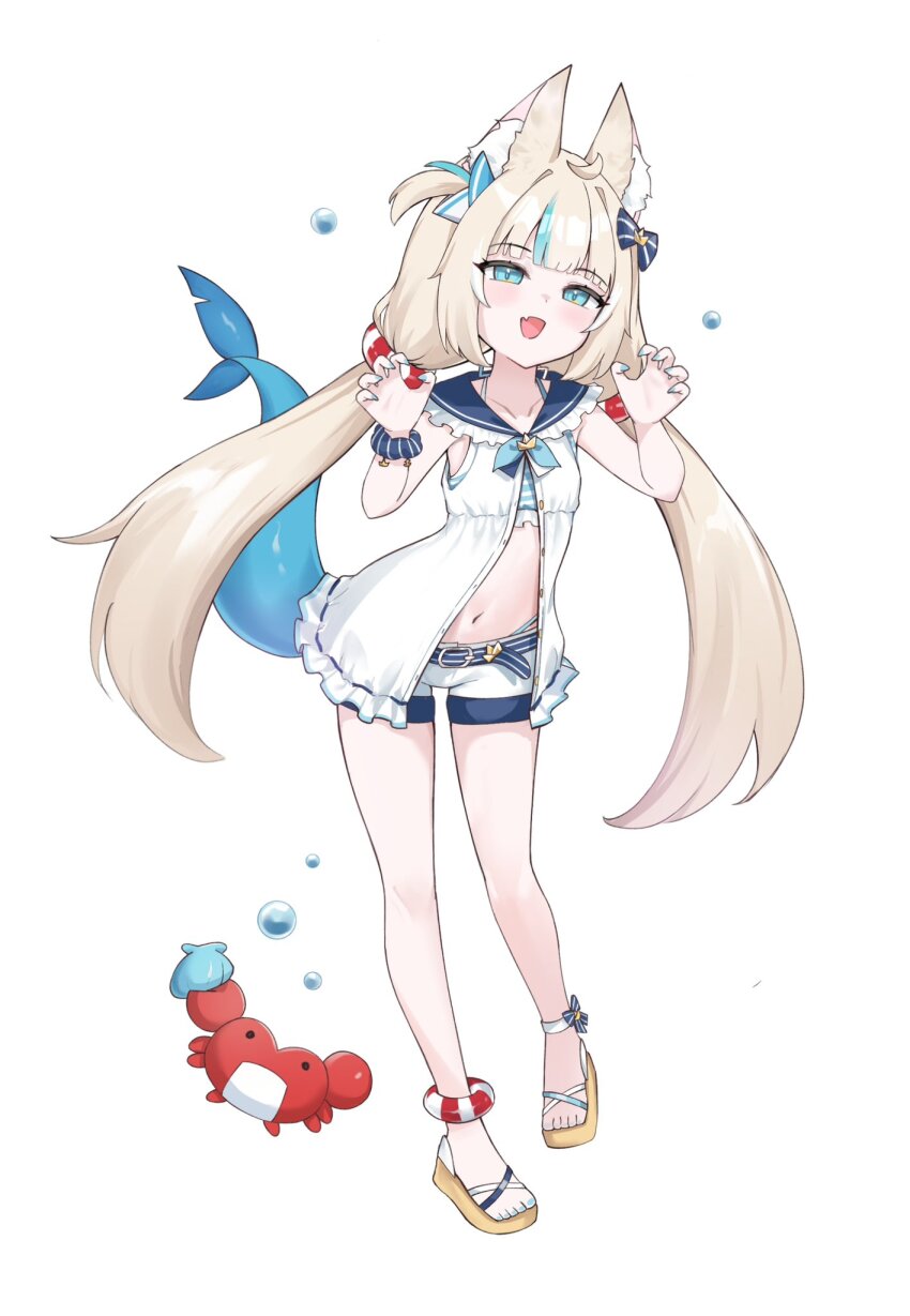 1girl, animal_ear_fluff, animal_ears, blue_bow, blue_eyes, blue_hair, bow, brown_sandals