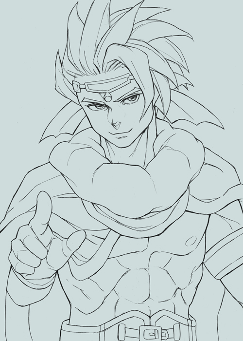 1boy, abs, armlet, belt, bracelet, cape, circlet, commentary_request, dragon_quest, dragon_quest_x, fins, fish_boy, hand_on_own_hip, head_fins, hijirino_yuuta, jewelry, looking_at_viewer, looking_to_the_side, male_focus, monochrome, monster_boy, muscular, muscular_male, nipples, odisu_(dq10), pointing, pointing_at_viewer, prince, short_hair, smile, solo, spiked_hair, topless_male, upper_body