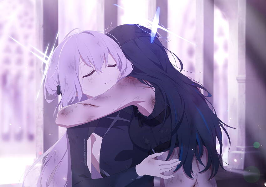 2girls, atsuko_(blue_archive), bare_arms, bare_shoulders, black_hair, black_leotard, black_sports_bra, blue_archive