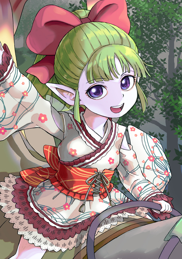 1girl, :d, arm_up, blunt_bangs, bow, colored_skin, commentary_request, cowboy_shot