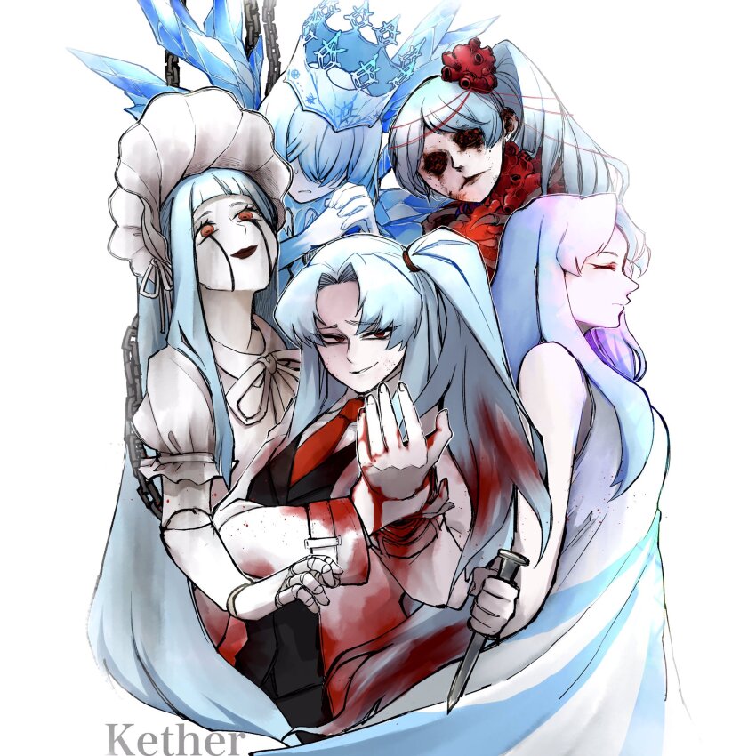 5girls, angela_(project_moon), arms_behind_back, aspiration_(e.g.o), blood, blood_in_hair, blood_on_clothes, blue_hair