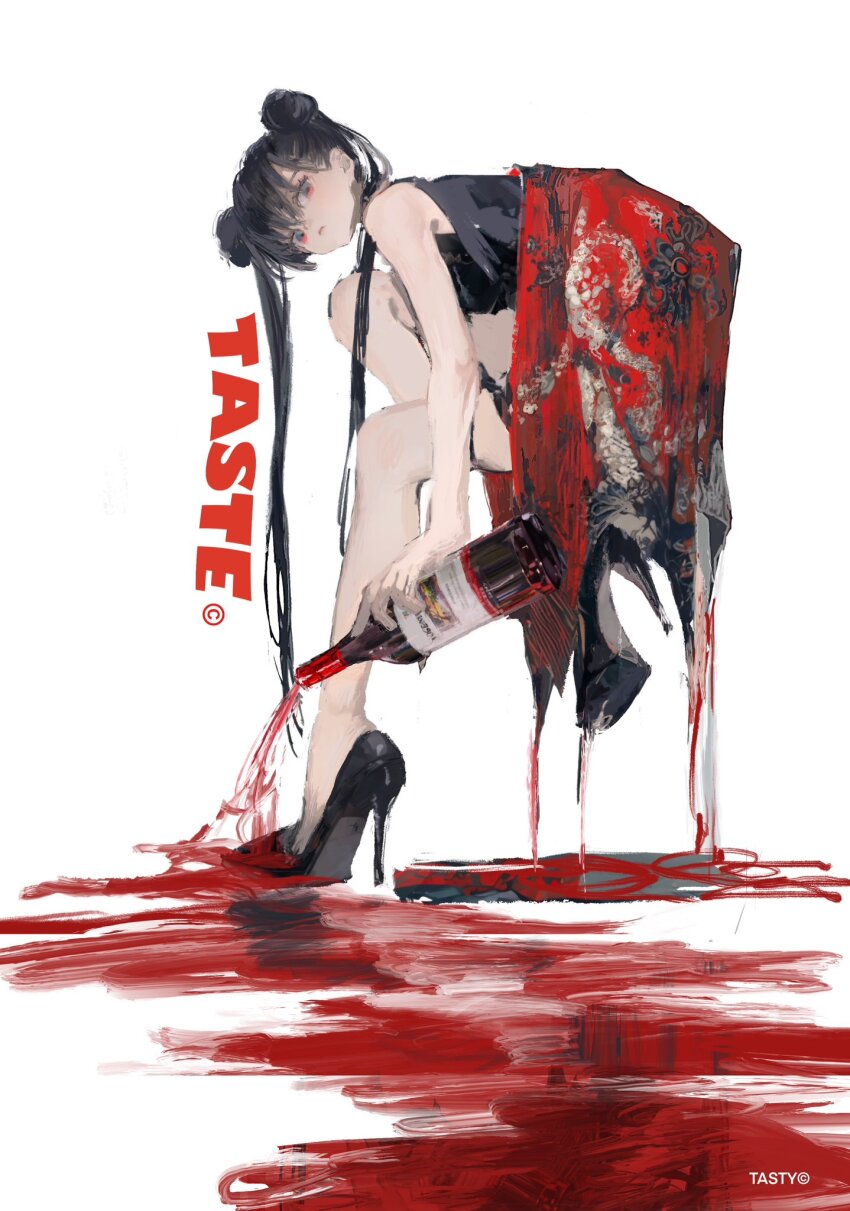 1girl, alcohol, black_dress, black_hair, black_shoes, blue_archive, bottle, closed_mouth