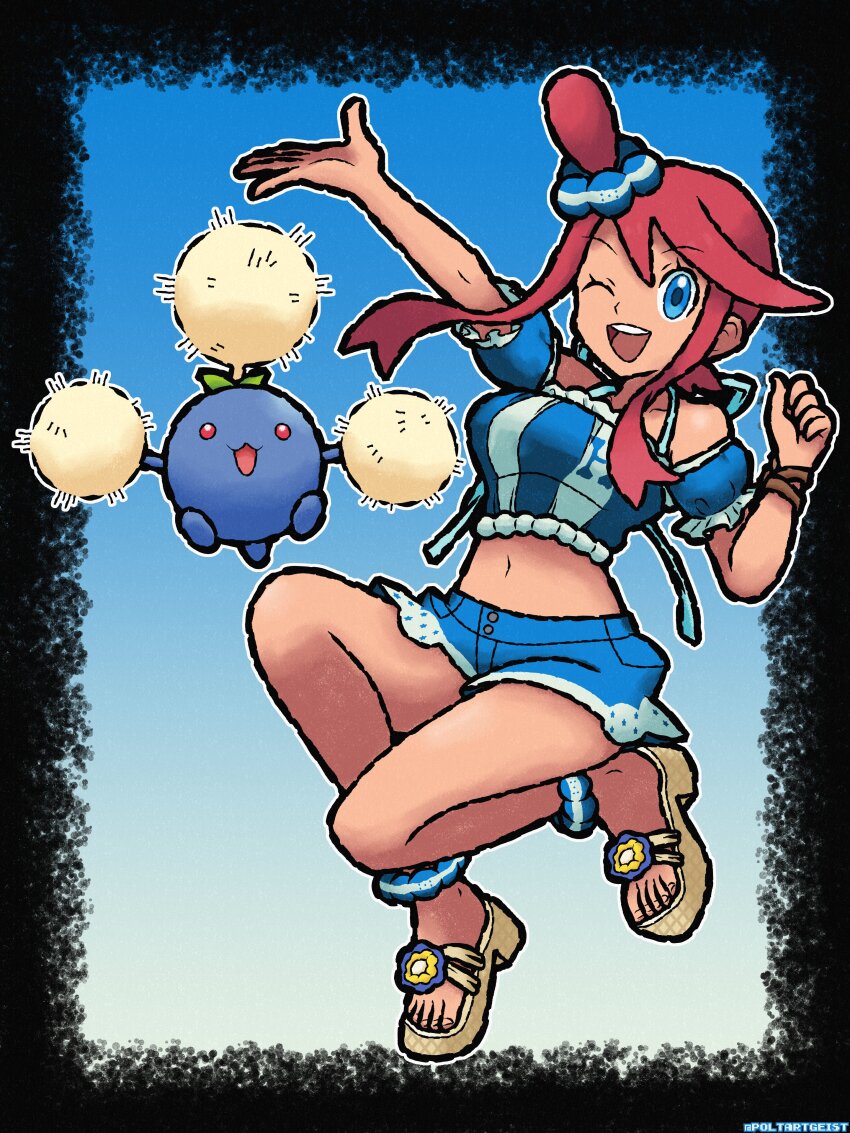 1girl, 2024_pokemon_teraleak, ;d, absurdres, alternate_color, artist_name, blue_eyes, blue_shorts