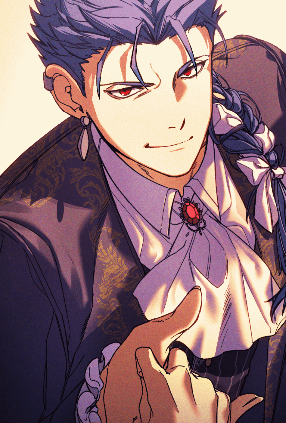 1boy, alternate_costume, alternate_hairstyle, ascot, black_suit, blue_hair, braid, brooch