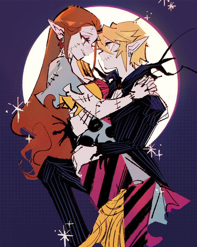 1boy, 1girl, arms_around_neck, black_nails, black_suit, blonde_hair, breasts, brown_hair