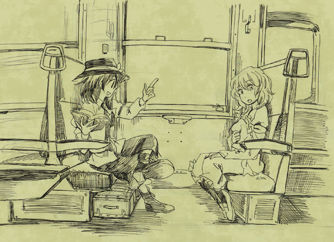 2girls, book, crossed_legs, female_focus, hat, unworn_hat, unworn_headwear, maribel_hearn