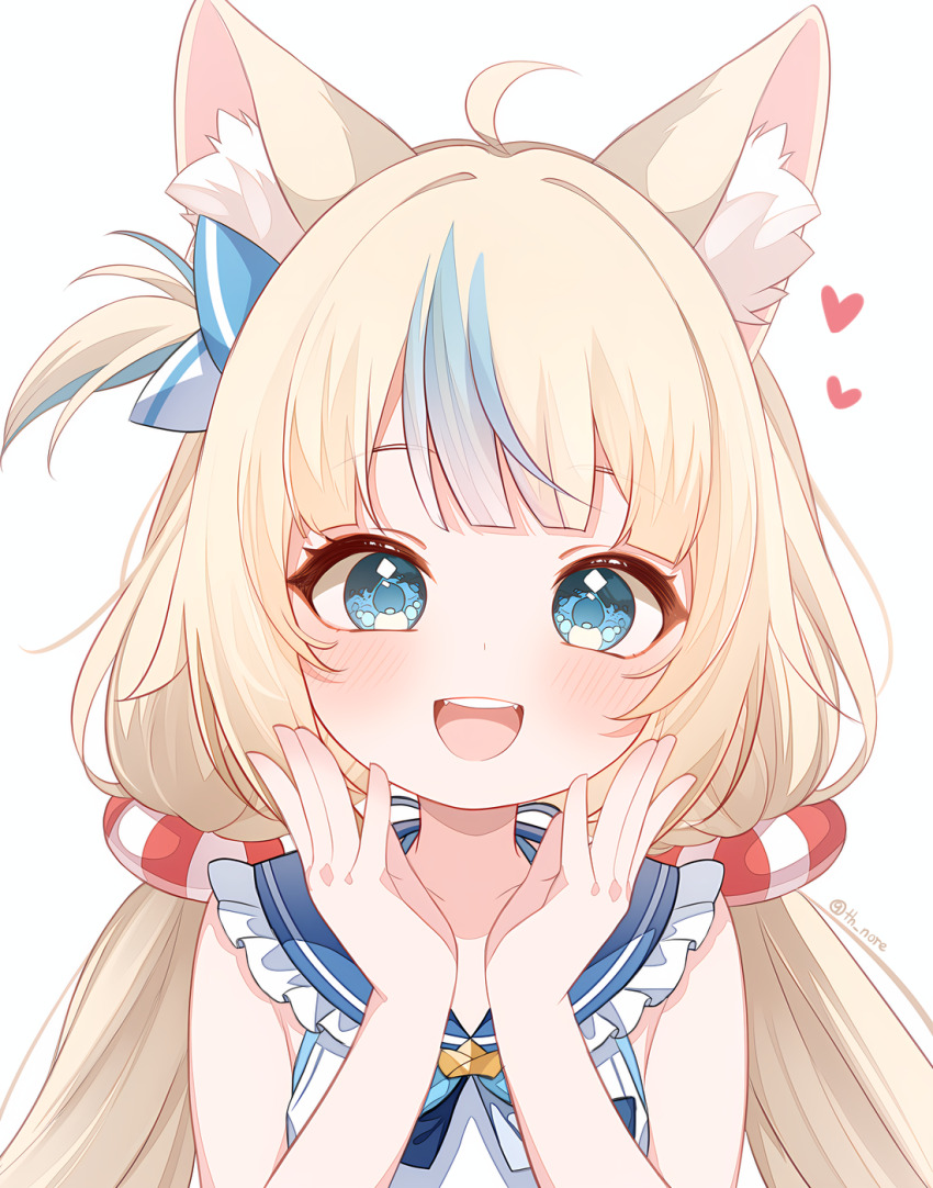 1girl, :d, ahoge, animal_ear_fluff, animal_ears, bare_arms, blonde_hair, blue_eyes