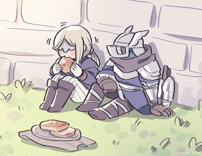 1boy, 1girl, alternate_costume, arm_support, armor, blindfold_mask, blonde_hair, blue_surcoat