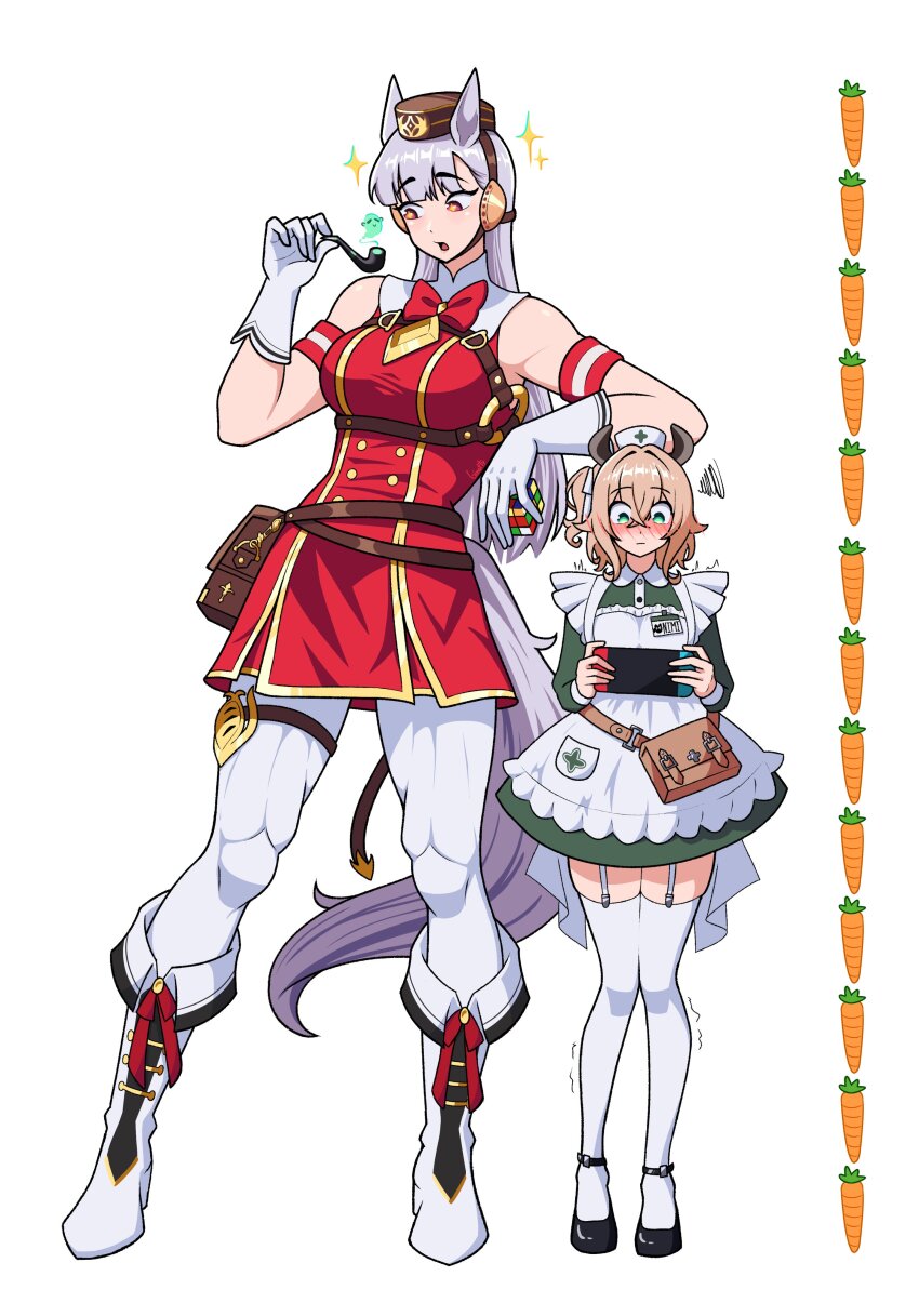 2girls, absurdres, animal_ears, apron, armband, belt_pouch, blonde_hair, blush