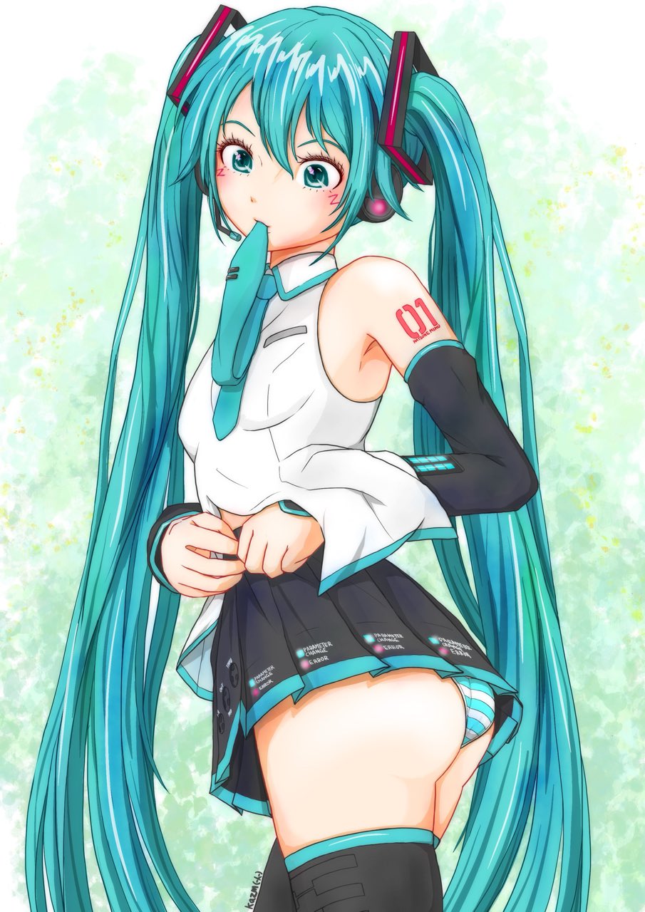 1girl, adjusting_clothes, aqua_eyes, aqua_hair, aqua_necktie, ass, black_skirt, blush
