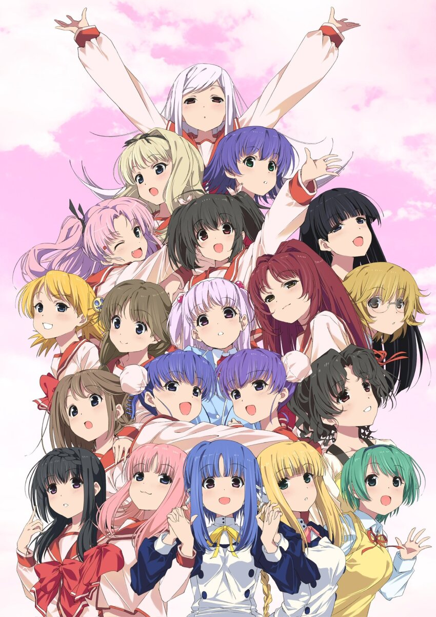 2000s_(style), 6+girls, :3, ahoge, arms_up, blonde_hair, blue_dress, blue_eyes, blue_hair, bow, bowtie, braid, braided_bangs, braided_ponytail, brown_eyes, brown_hair, buttons, closed_mouth, collared_dress, double-breasted, dress, faux_retro_artstyle, glasses, green_eyes, green_hair, grin, hair_bobbles, hair_bun, hair_intakes, hair_ornament, hair_ribbon, hairband, hanesaki_mio, high_ponytail, highres, himeyuri_ruri, himeyuri_sango, holding_hands, ilfa_(to_heart), insomnia_(insomnia_plus), komaki_ikuno, komaki_manaka, kousaka_tamaki, kusakabe_yuuki_(to_heart_2), kusugawa_sasara, long_hair, long_sleeves, looking_at_viewer, low_twintails, lucy_maria_misora, maaryan_(to_heart), medium_hair, milfa_(to_heart), multi_(to_heart), multiple_girls, one_eye_closed, open_mouth, pink_eyes, pink_hair, pink_shirt, ponytail, purple_eyes, red_bow, red_bowtie, red_eyes, red_hair, red_sailor_collar, ribbon, sailor_collar, sasamori_karin, school_uniform, serafuku, shirt, short_hair, short_twintails, silfa_(to_heart), smile, straight_hair, to_heart_(series), to_heart_2, tonami_yuma, twintails, two_side_up, wavy_hair, white_hair, yamada_michiru, yellow_ribbon, yoshioka_chie, yuzuhara_haruka, yuzuhara_konomi