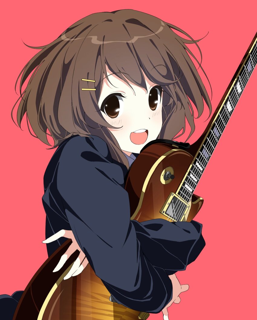 1girl, black_jacket, brown_eyes, brown_hair, electric_guitar, guitar, hair_ornament, hairclip, highres, hirasawa_yui, holding, holding_guitar, holding_instrument, hug, insomnia_(insomnia_plus), instrument, jacket, k-on!, open_mouth, parallel_hairclips, red_background, short_hair, simple_background, smile, solo, teeth, upper_body, upper_teeth_only