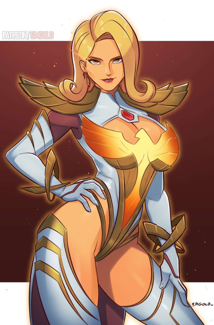 1girl, absurdres, blonde_hair, breasts, brown_background, cleavage, cowboy_shot, curly_hair