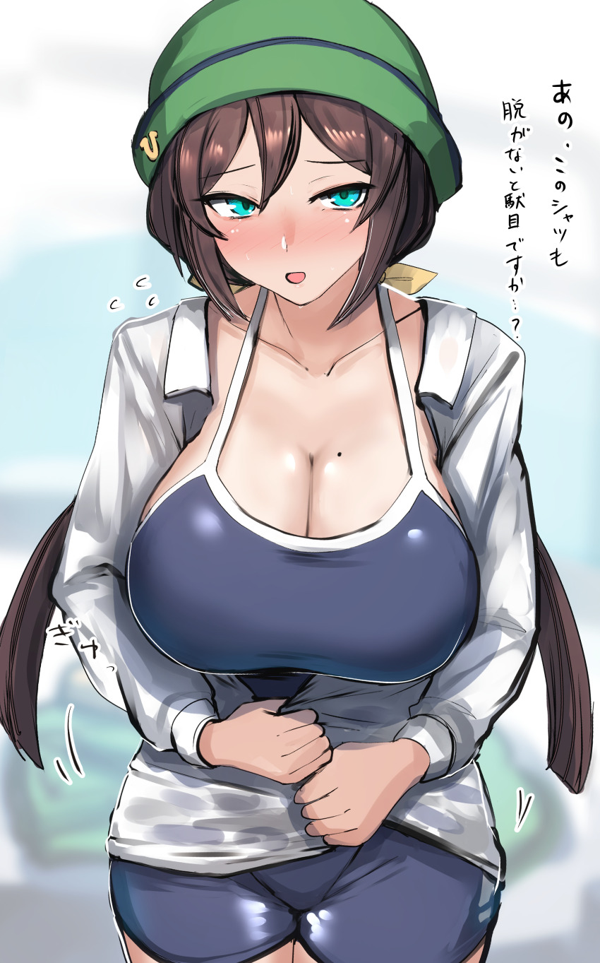 1girl, absurdres, blue_eyes, blush, breasts, brown_hair, cleavage, collarbone