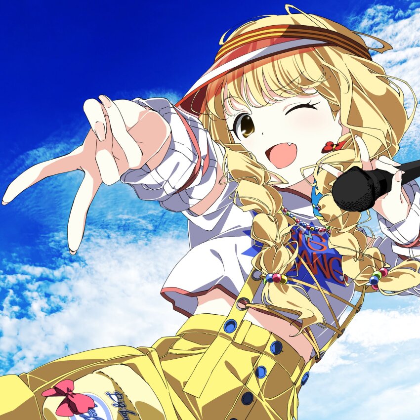 1girl, blonde_hair, blue_sky, braid, cloud, cropped_shirt, day, detached_sleeves