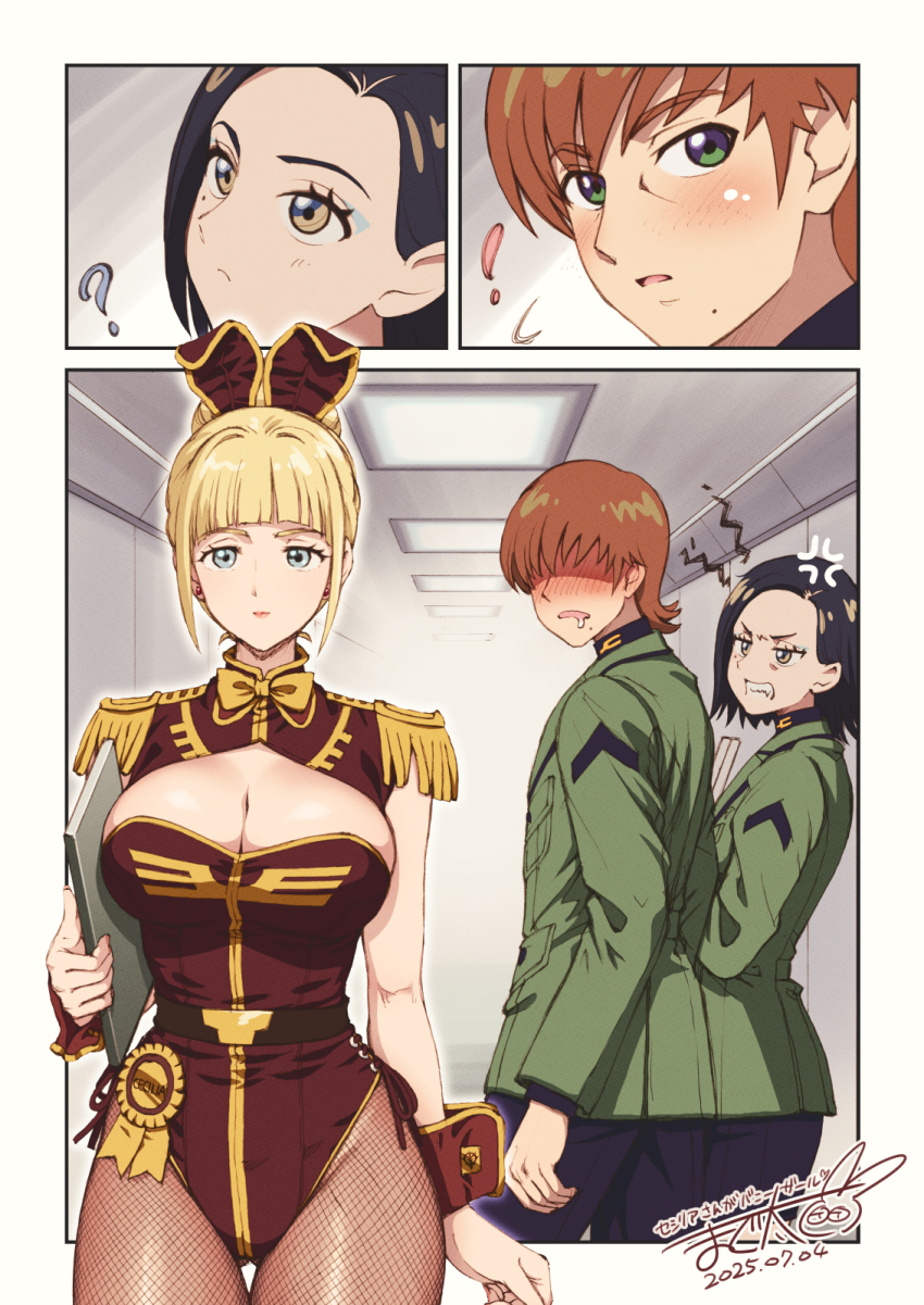 !, 1boy, 2girls, ?, adapted_uniform, anger_vein, angry, animal_ear_hairband, animal_ears, black_hair, blonde_hair, blue_eyes, blue_eyeshadow, blunt_bangs, blush, bow, bowtie, breasts, brown_hair, cecilia_irene, character_name, cleavage, clenched_teeth, closed_mouth, commentary_request, comoli_harcourt, dated, distracted_boyfriend_(meme), drooling, epaulettes, eyeshadow, fake_animal_ears, fishnet_pantyhose, fishnets, forehead, green_eyes, green_jacket, gundam, gundam_gquuuuuux, hair_bun, hairband, highleg, highleg_leotard, highres, holding, holding_tablet_pc, jacket, jealous, large_breasts, leotard, lipstick, long_hair, long_sleeves, looking_at_another, looking_at_viewer, looking_back, maguta, makeup, meme, military, military_jacket, military_uniform, mole, mole_under_eye, mole_under_mouth, multicolored_eyes, multiple_girls, open_mouth, pantyhose, playboy_bunny, rabbit_ear_hairband, rabbit_ears, rabbit_girl, red_leotard, red_shrug, short_hair, shrug_(clothing), side-tie_leotard, single_hair_bun, smile, standing, strapless, strapless_leotard, tablet_pc, teeth, turning_head, two-tone_eyes, wrist_cuffs, xavier_olivette, yellow_eyes