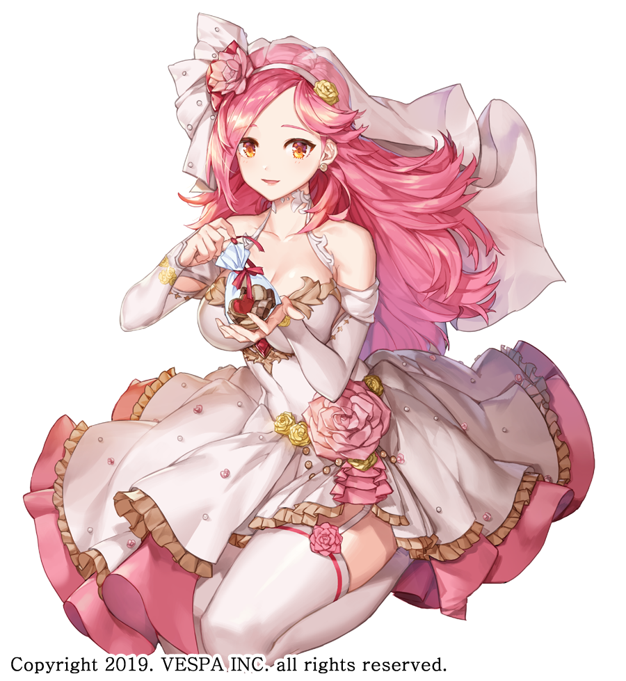 1girl, bag, breasts, bridal_veil, bride, cleavage, commentary, cookie, dress, dress_flower, flower, food, full_body, garter_straps, hair_flower, hair_ornament, headband, holding, holding_bag, holding_cookie, holding_food, hwansang_jungdog, juno_(king's_raid), king's_raid, kneeling, large_breasts, layered_dress, long_hair, looking_at_viewer, official_alternate_costume, official_art, orange_eyes, petticoat, pink_dress, pink_flower, pink_hair, red_ribbon, ribbon, see-through_clothes, see-through_veil, smile, solo, thighhighs, veil, very_long_hair, wedding_dress, white_dress, white_headband, white_thighhighs, white_veil, yellow_flower