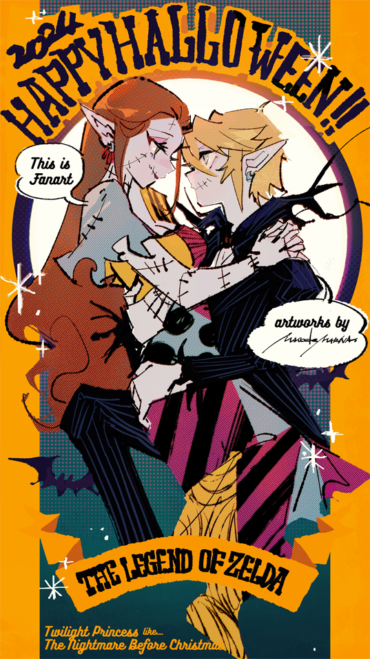 1boy, 1girl, arms_around_neck, black_nails, black_suit, blonde_hair, breasts, brown_hair