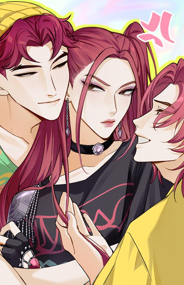 1girl, 2boys, abby_(kpop_demon_hunters), anger_vein, annoyed, beanie, black_choker, black_gloves