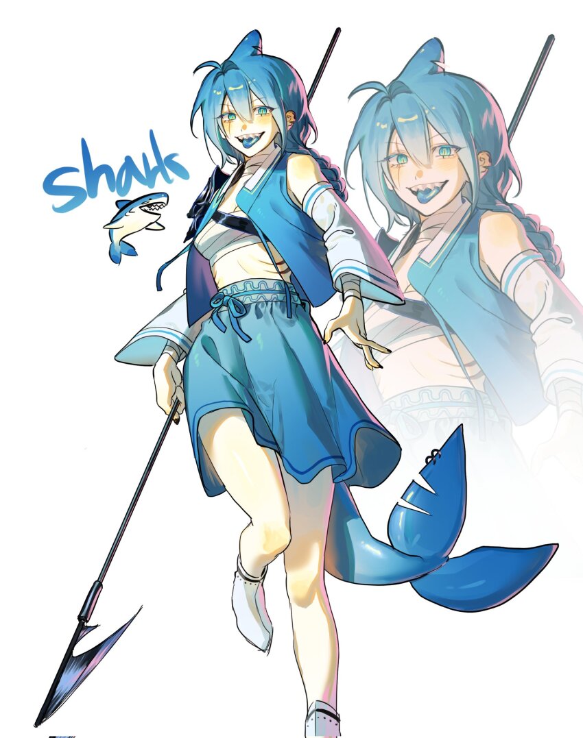 0820_lakia, 1girl, blue_eyes, blue_hair, blue_skirt, blue_tongue, chest_sarashi, colored_tongue