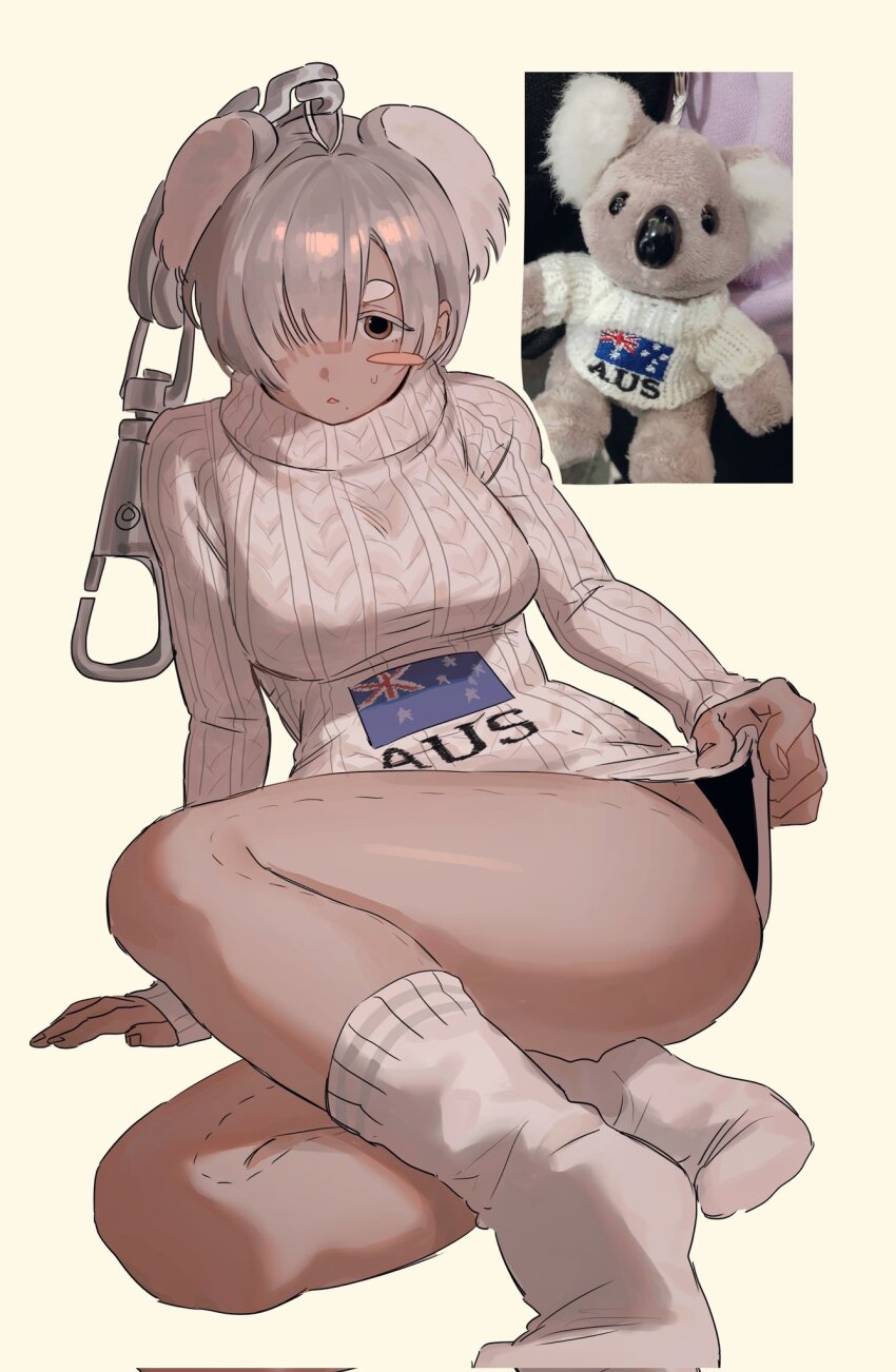 0820_lakia, 1girl, australian_flag, blush_stickers, bottomless, brown_eyes, charm_(object), clothes_lift