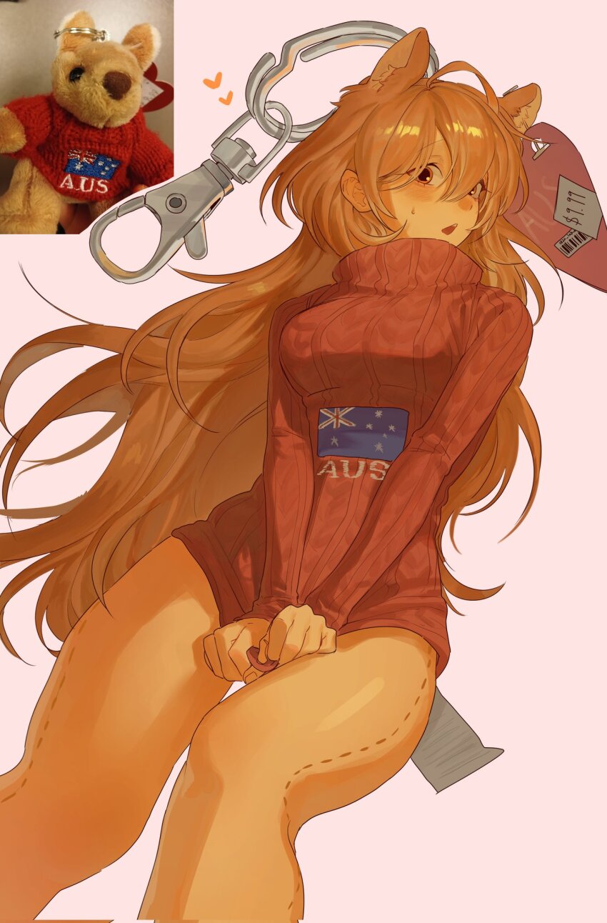 0820_lakia, 1girl, animal_ears, australian_flag, blonde_hair, bottomless, charm_(object), commentary_request