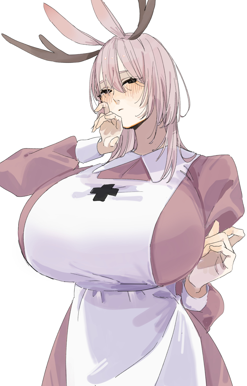 1girl, absurdres, animal_ears, apron, black_eyes, blush, breasts, closed_mouth