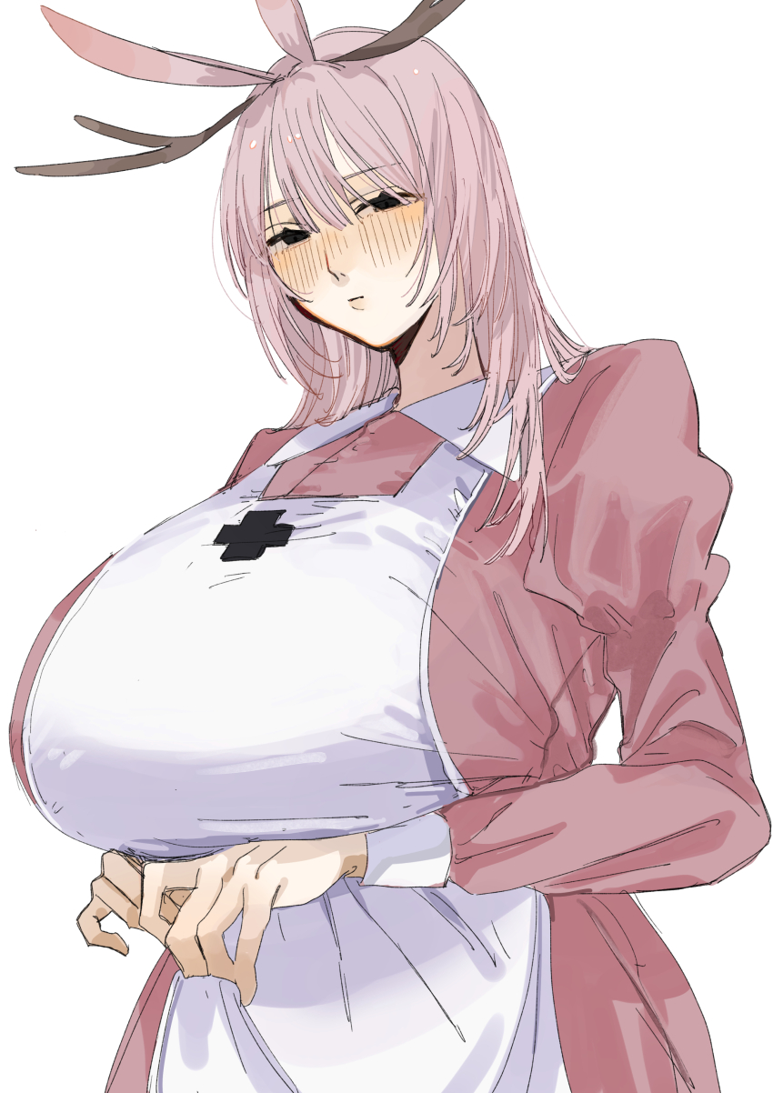 1girl, absurdres, animal_ears, apron, black_eyes, blush, breasts, closed_mouth, collared_dress, contrast_collar, dress, highres, horns, huge_breasts, jackalope_(neyaneyashiteru), jackalope_girl, juliet_sleeves, long_sleeves, medium_hair, monster_girl, neyaneyashiteru, original, pink_dress, pink_hair, puffy_sleeves, rabbit_ears, simple_background, solo, standing, upper_body, white_apron, white_background