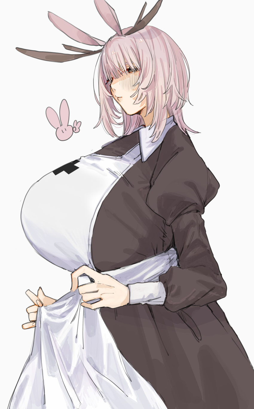 1girl, absurdres, animal_ears, apron, black_dress, blush, breasts, closed_mouth, cowboy_shot, dress, grey_eyes, highres, horns, huge_breasts, jackalope_(neyaneyashiteru), jackalope_girl, juliet_sleeves, long_sleeves, medium_hair, monster_girl, neyaneyashiteru, original, pink_hair, puffy_sleeves, rabbit_ears, simple_background, solo, standing, white_apron, white_background