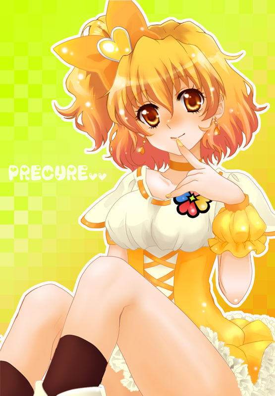 00s, 1girl, black_socks, bow, brown_eyes, choker, cure_pine, dress