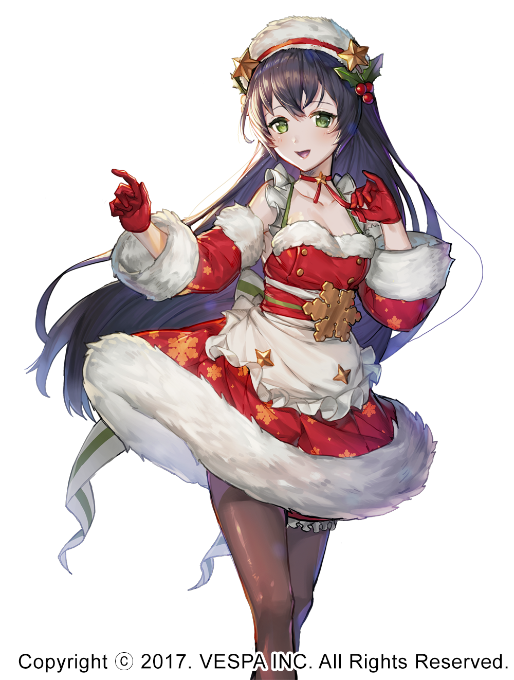 1girl, apron, black_hair, breasts, brown_pantyhose, choker, christmas, commentary