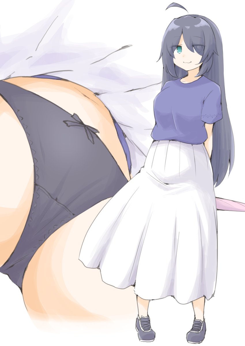 1girl, ahoge, akara_kai, black_hair, black_panties, blue_eyes, blue_shirt, blush