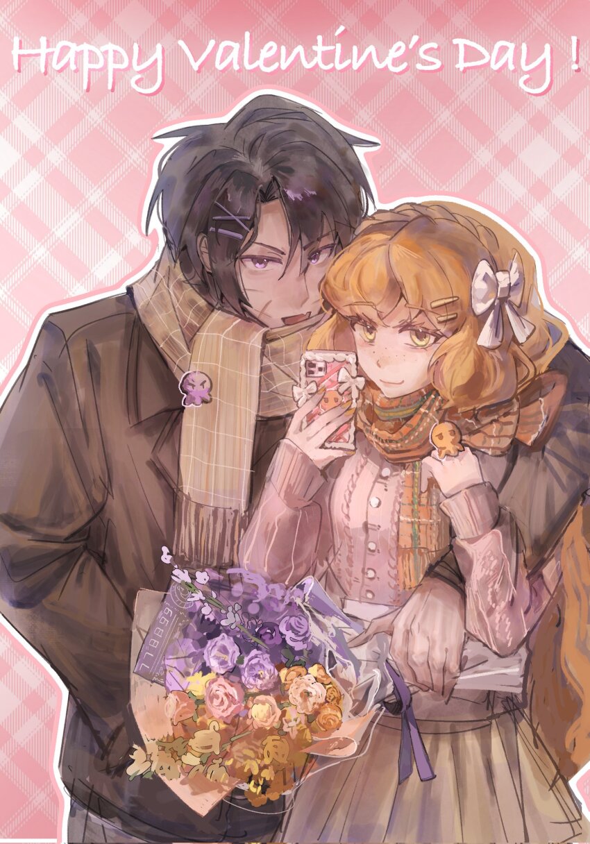 09gugugu, 1boy, 1girl, alternate_costume, bouquet, bow, brown_hair, brown_hairband, brown_jacket, fang, flower, freckles, hair_bow, hair_ornament, hairband, hairclip, happy_valentine, heathcliff_(project_moon), highres, holding, holding_phone, ishmael_(project_moon), jacket, limbus_company, long_hair, long_sleeves, looking_at_viewer, open_mouth, orange_flower, orange_hair, orange_scarf, phone, pink_background, pink_flower, pink_sweater, project_moon, purple_eyes, purple_flower, scarf, short_hair, simple_background, skin_fang, skirt, sweater, white_bow, yellow_scarf, yellow_skirt