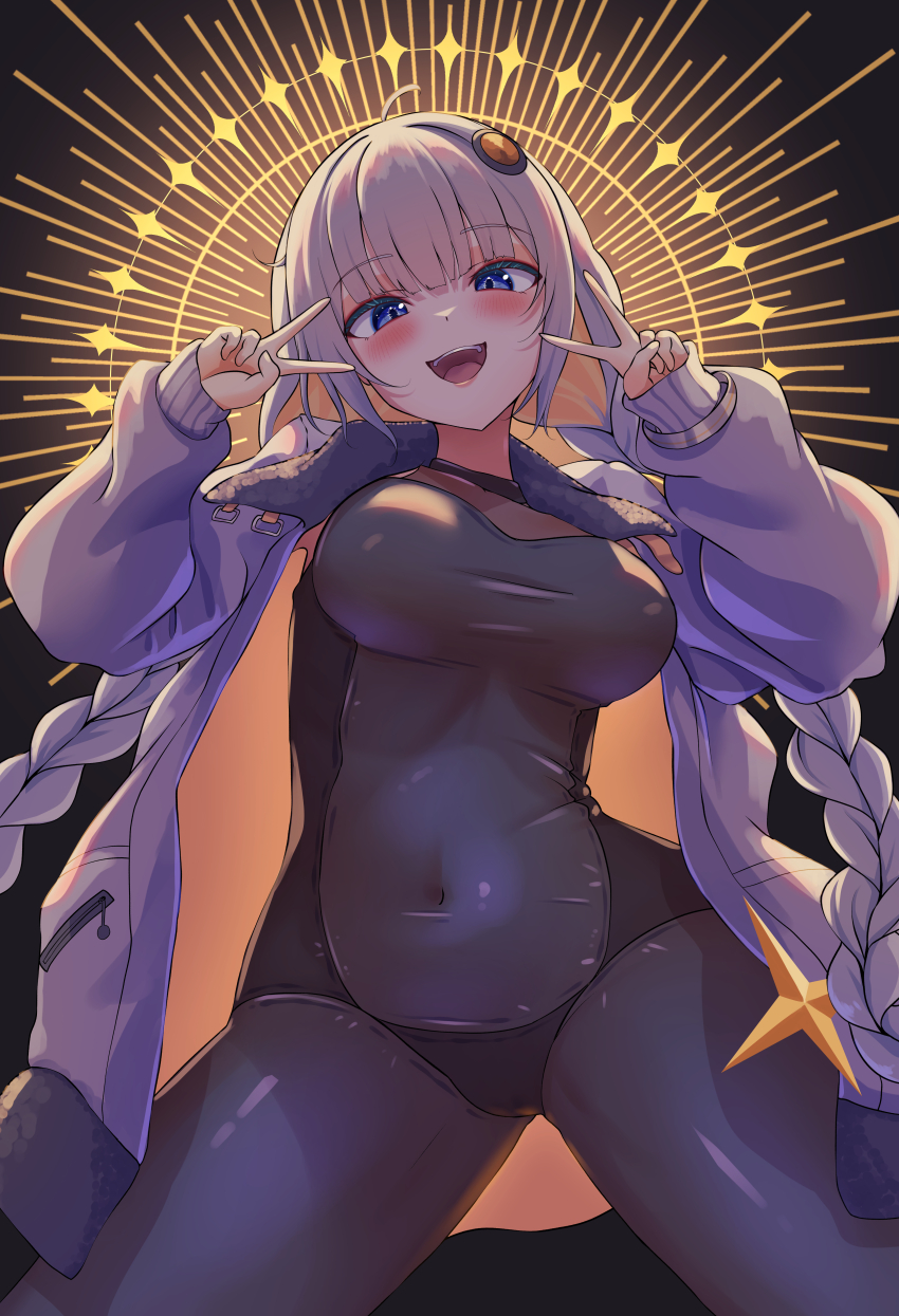 1girl, absurdres, ahoge, arms_up, black_bodysuit, blue_eyes, blush, bodysuit, braid, breasts, commentary_request, covered_navel, cowboy_shot, double_v, hair_ornament, hatyomugi00, highres, jacket, kizuna_akari, kizuna_akari_(vocaloid6), large_breasts, long_hair, long_sleeves, looking_at_viewer, open_clothes, open_jacket, open_mouth, puffy_long_sleeves, puffy_sleeves, solo, sphere_hair_ornament, twin_braids, v, vocaloid, voiceroid, white_hair, white_jacket